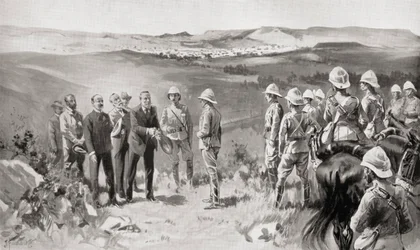 The formal surrender of Bloemfontein to Lord Roberts by Mr. Pappenfus, Mr. Kellner and Mr. Collins on March 14th, 1900, from the book South Africa and the Transvaal War by Louis Creswicke